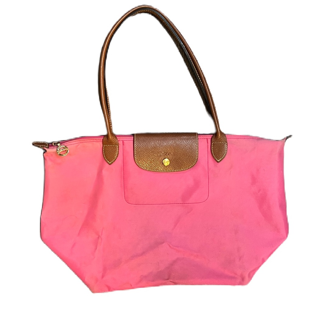 Longchamp Le Pliage Original tote, in pink nylon with brown leather trim. Used - Picture 2 of 14